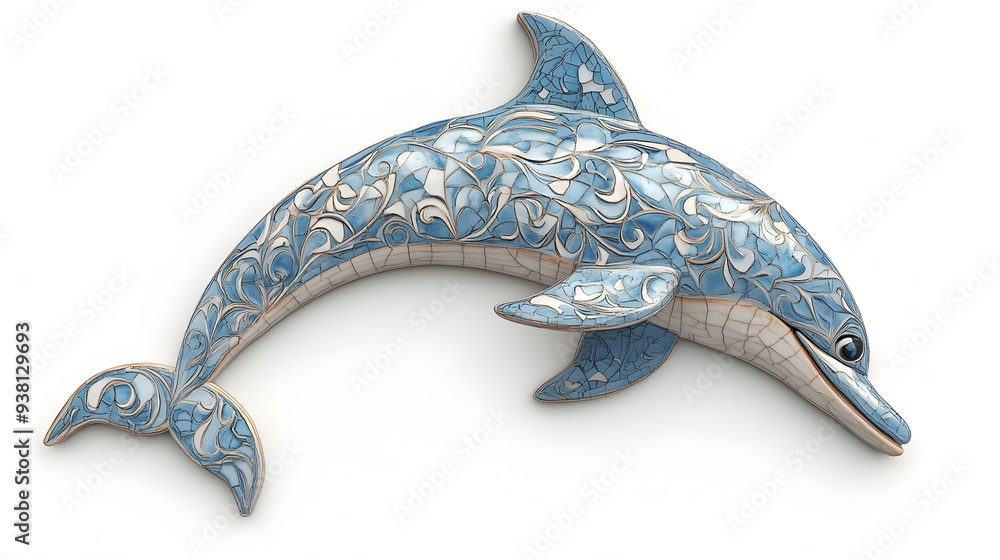 54. **A 3D render of a ceramic tile art featuring a whimsical dolphin with artistic tilework and textures, isolated on a white background 54. **A 3D render of a ceramic tile art featuring a whimsical dolphin with artistic tilework and textures, isolated on a white background