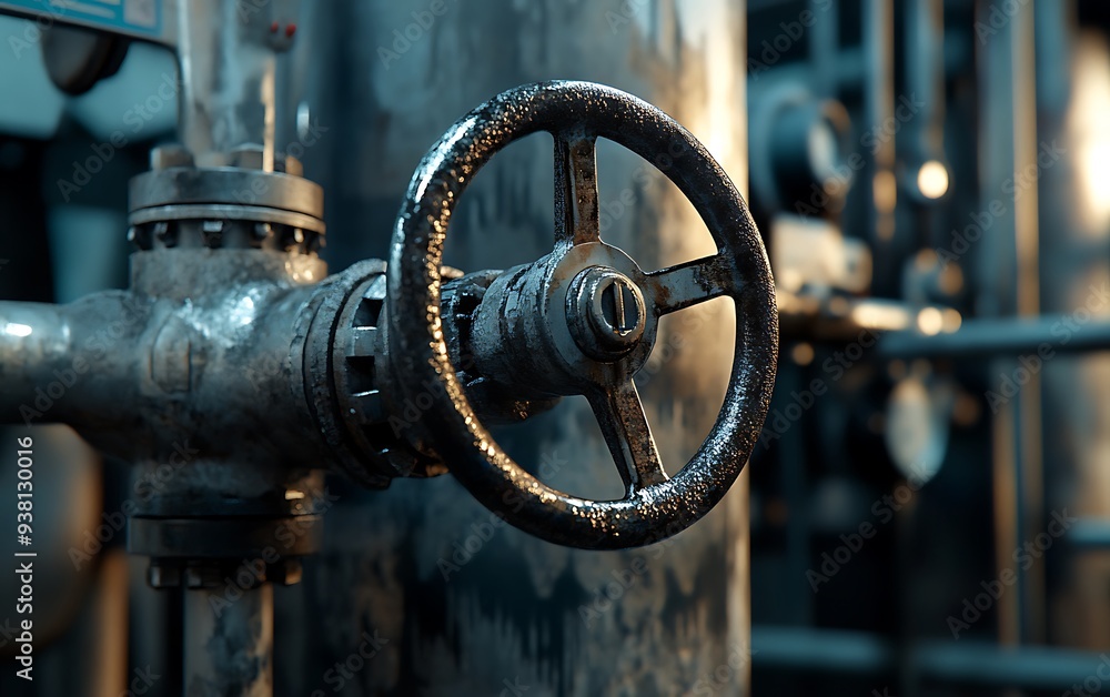 Close-Up of a Chemical Tank Valve with Sharp Shadows and Worn Metal Surface Close-Up of a Chemical Tank Valve with Sharp Shadows and Worn Metal Surface