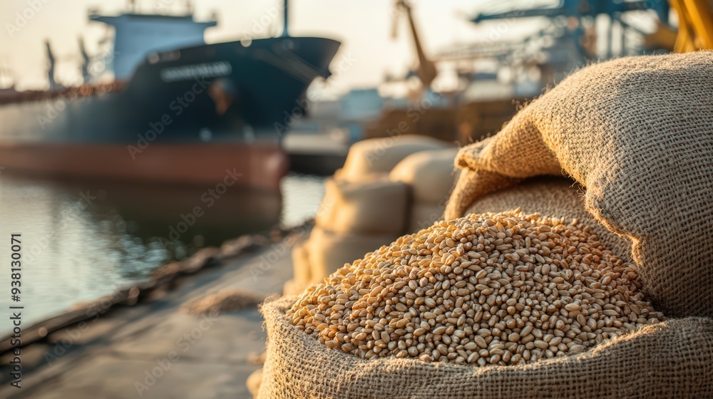 At the port, burlap sacks filled with grains with a cargo ship in the background and a sunset sky. Trade, agriculture, shipping concept At the port, burlap sacks filled with grains with a cargo ship in the background and a sunset sky. Trade, agriculture, shipping concept