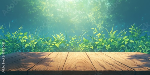 Rustic Autumn Charm: AI-Generated Anime-Style Illustration of Empty Wooden Table for Farm Product Livestream Display. Dreamy Rural Scene with Blurred Summer Lake and Forest Background. Minimalist Desi