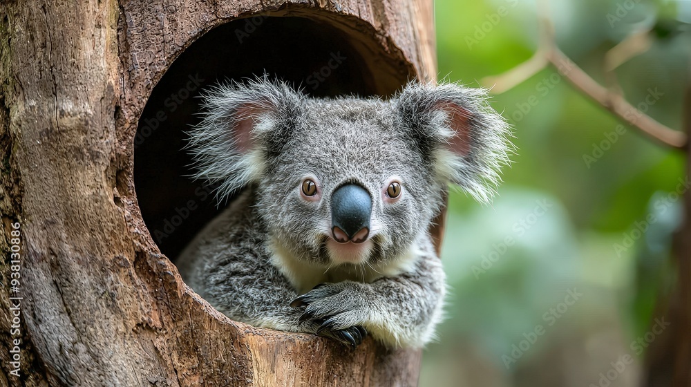 Obraz premium A cute koala bear peeks out of a tree trunk with its paws resting on the edge.