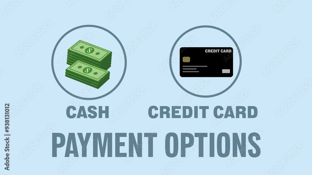 Cash stack symbol with a credit card symbol next to it. „Payment options“ written underneath. Money themed animation. Paying in cash or card. Blue background and pink screen background. Cash stack symbol with a credit card symbol next to it. „Payment options“ written underneath. Money themed animation. Paying in cash or card. Blue background and pink screen background.