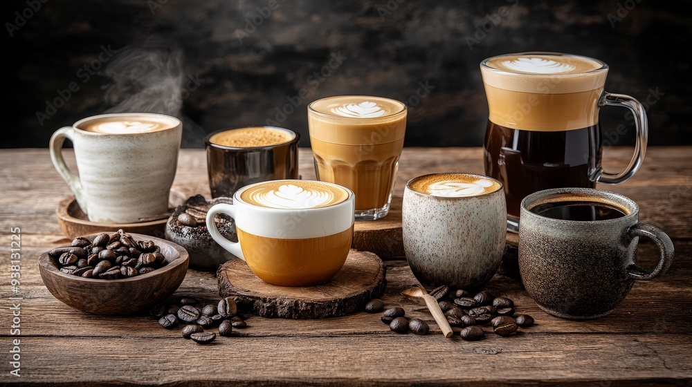 Assortment of Coffee Drinks on a Rustic Wooden Table Assortment of Coffee Drinks on a Rustic Wooden Table