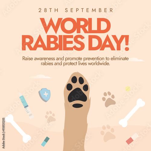 World Rabies Day. 28th September Rabies awareness day banner, post with a dog paw, bones, syringes. The day raise awareness about rabies and its prevention, a disease that transmitted from animals. 