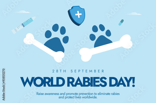 World Rabies Day. 28th September Rabies awareness day banner, post with dog paws, bones. The day raise awareness about rabies and its prevention, a disease that transmitted from animals to humans.