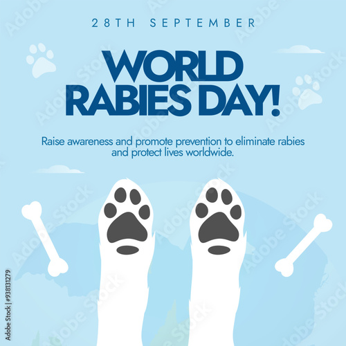 World Rabies Day. 28th September Rabies awareness day banner, post with a dog paws, bones. The day raise awareness about rabies and its prevention, a disease that transmitted from animals to humans. 