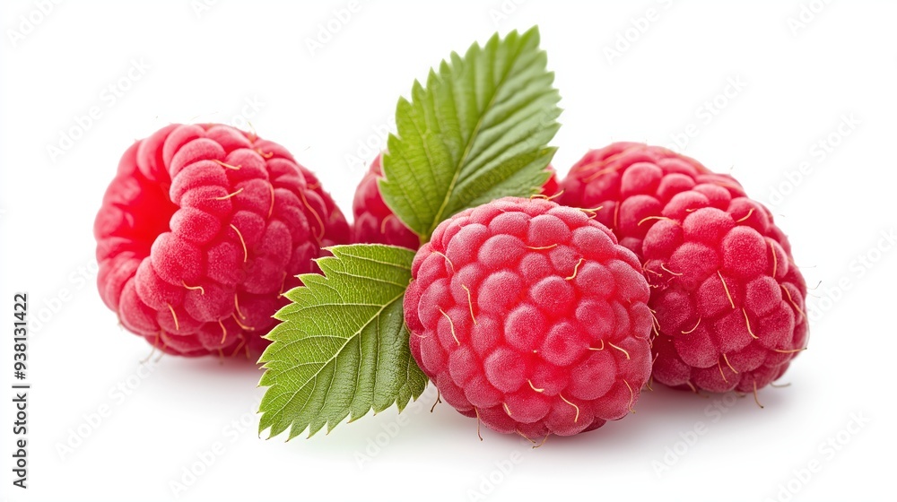 Four ripe red raspberries with green leaves isolated on a white background. Four ripe red raspberries with green leaves isolated on a white background.