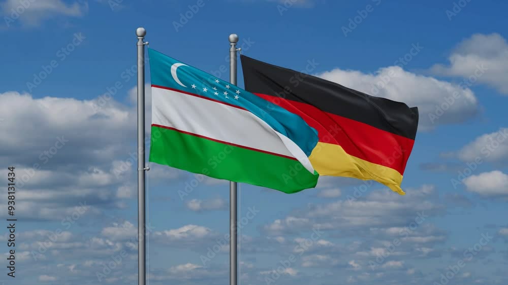 Germany and Uzbekistan flags flying together, video concept of the relationship, two country relations concept Germany and Uzbekistan flags flying together, video concept of the relationship, two country relations concept