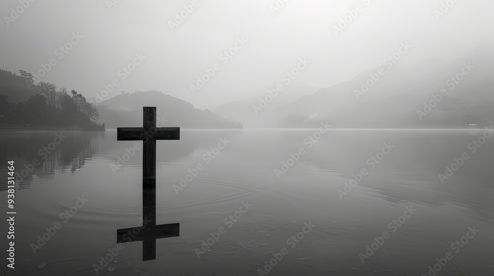 A cross stands in calm water against a backdrop of a foggy landscape, inspiring feelings of peace, balance, and spiritual reflection in a monochromatic scene. A cross stands in calm water against a backdrop of a foggy landscape, inspiring feelings of peace, balance, and spiritual reflection in a monochromatic scene.