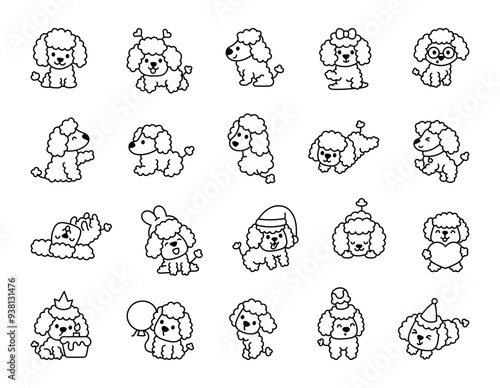 Cute kawaii poodle dog character. Coloring Page. Funny cartoon pet. Hand drawn style. Vector drawing. Collection of design elements.