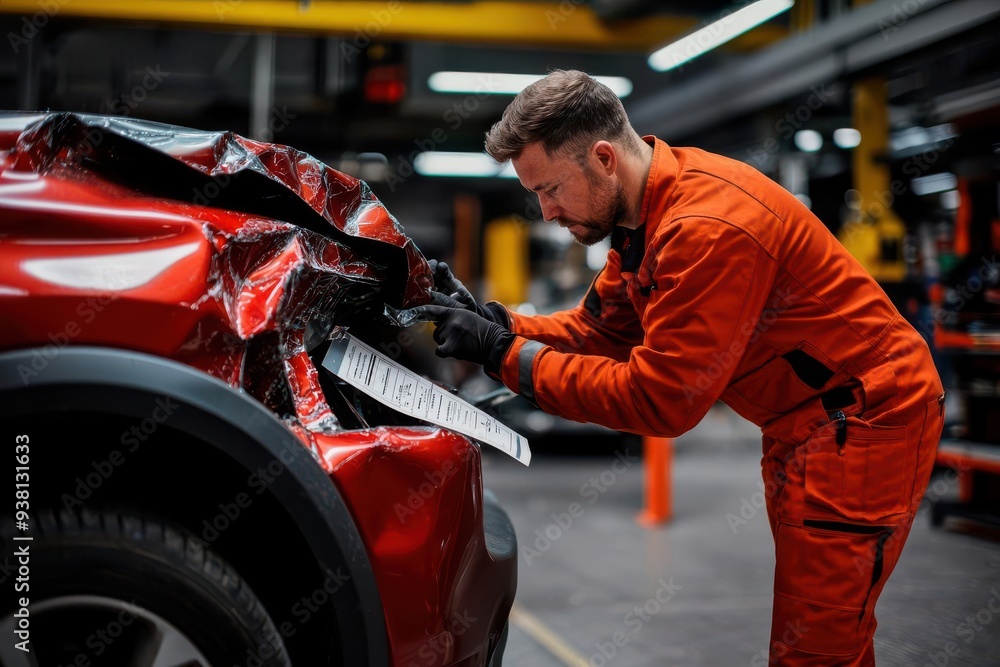 Insurance adjuster examining a vehicle's damage report in a repair shop, evaluating the repair costs and timeline for the accident claim, damage report evaluation, insurance claims Insurance adjuster examining a vehicle's damage report in a repair shop, evaluating the repair costs and timeline for the accident claim, damage report evaluation, insurance claims