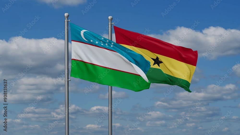 Ghana and Uzbekistan flags flying together, video concept of the relationship, two country relations concept Ghana and Uzbekistan flags flying together, video concept of the relationship, two country relations concept