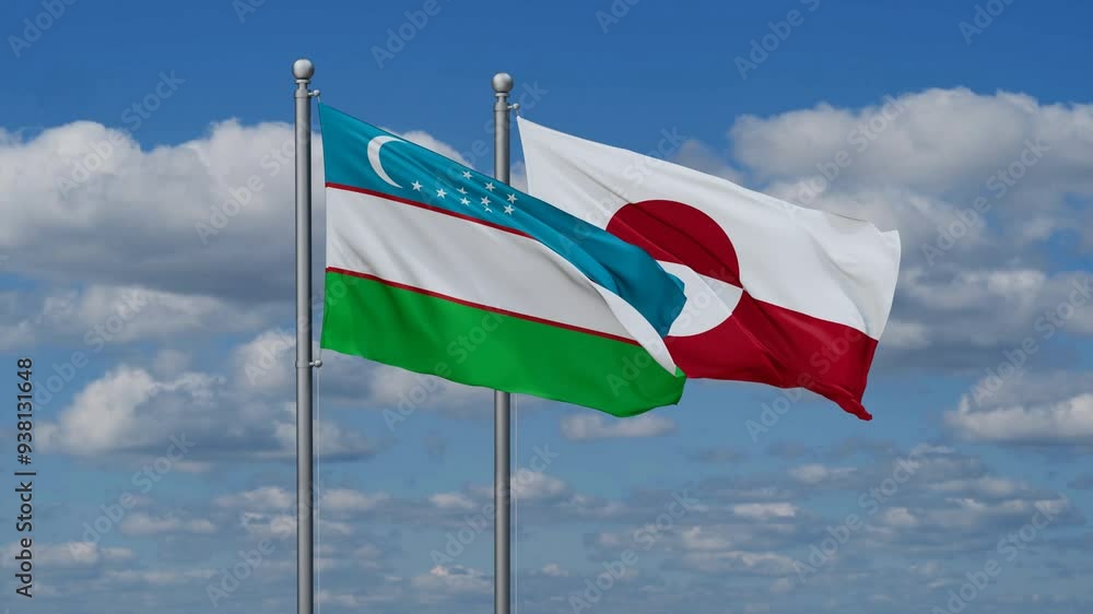 Greenland and Uzbekistan flags flying together, video concept of the relationship, two country relations concept Greenland and Uzbekistan flags flying together, video concept of the relationship, two country relations concept