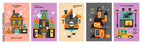 Halloween holiday poster set design with cute haunted house. Template for greeting card, party invitation and banner. Vector illustration