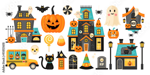 Halloween holiday element set design with cute haunted house. Template for greeting card, party invitation, banner and poster. Vector illustration