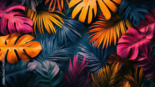 A colorful background of leaves and flowers with a blue sky in the background. The leaves are in various colors such as orange, yellow, and green