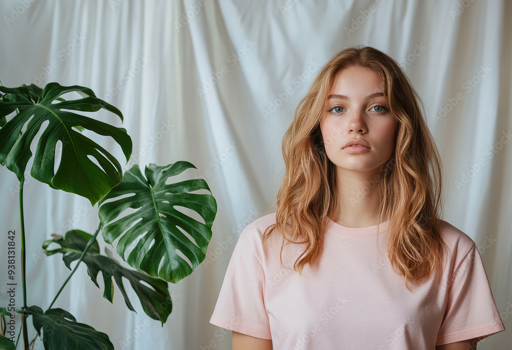 A woman is standing in front of a plant with long hair. She is wearing a pink shirt and has a serious expression on her face A woman is standing in front of a plant with long hair. She is wearing a pink shirt and has a serious expression on her face