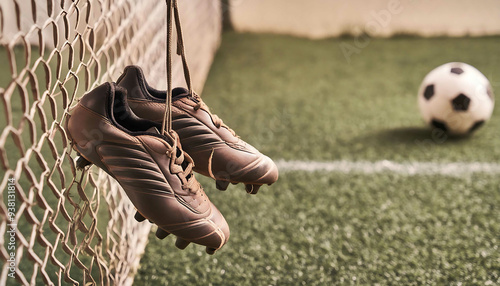 Old soccer shoes hanging on the Fence in the football field. Jubilee, quitting football and retirement concept