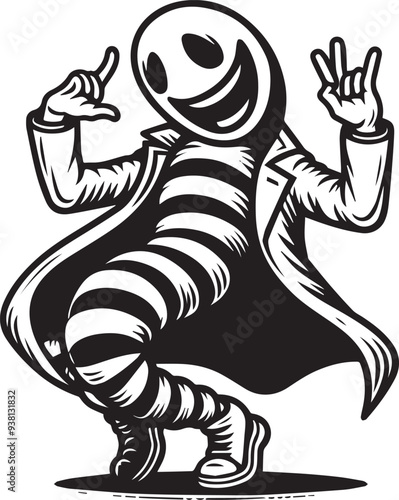 Freak in worm mask dancing vector illustration silhouette 