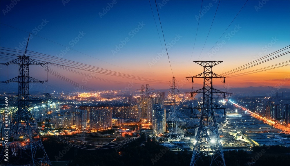 Fototapeta premium Aerial View of Illuminated Cityscape at Dusk with Criss Crossing Power Lines and Transmission Towers Dominating the Urban Landscape Showcasing the