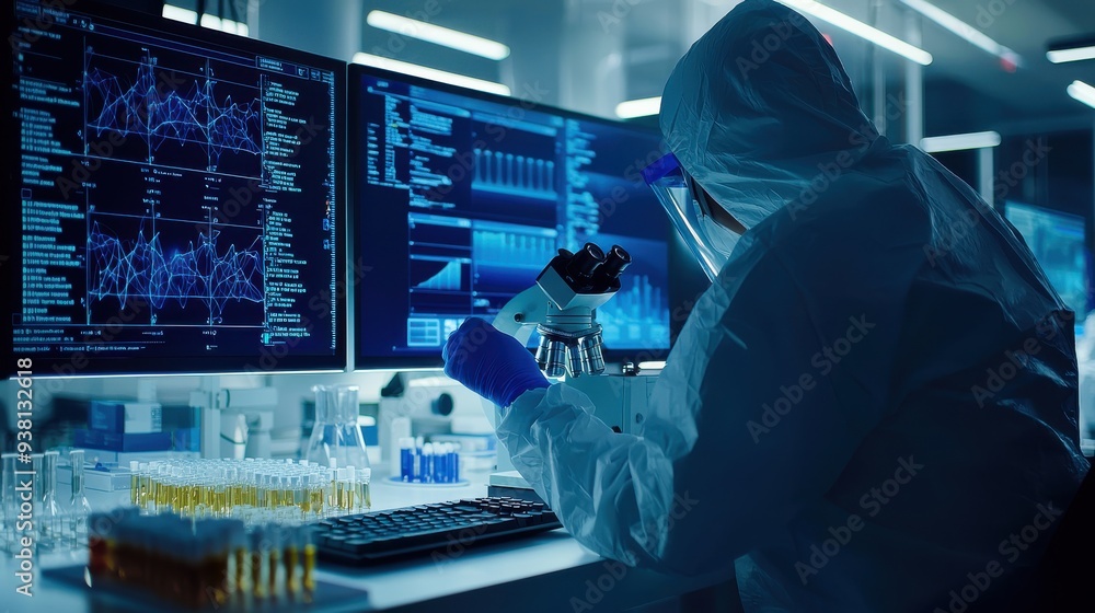 A modern pharmaceutical lab where scientists conduct research on new medications. A researcher in protective gear works with test tubes, petri dishes, and a microscope. A modern pharmaceutical lab where scientists conduct research on new medications. A researcher in protective gear works with test tubes, petri dishes, and a microscope.