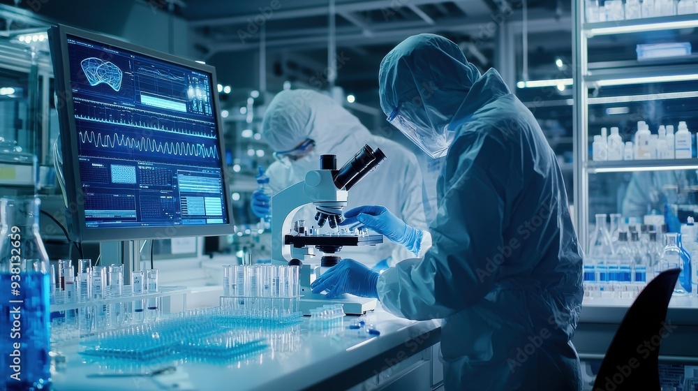 A modern pharmaceutical lab where scientists conduct research on new medications. A researcher in protective gear works with test tubes, petri dishes, and a microscope. A modern pharmaceutical lab where scientists conduct research on new medications. A researcher in protective gear works with test tubes, petri dishes, and a microscope.