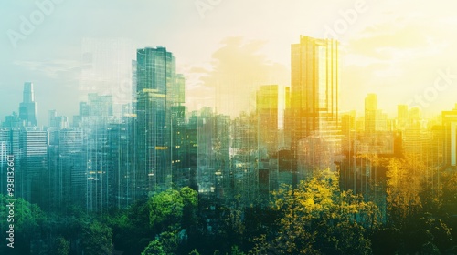 Sunlit urban cityscape with tall skyscrapers and lush greenery blending together magnificently. A beautiful balance of nature and modern architecture.