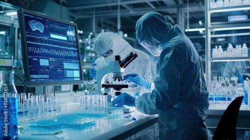 A modern pharmaceutical lab where scientists conduct research on new medications. A researcher in protective gear works with test tubes, petri dishes, and a microscope.