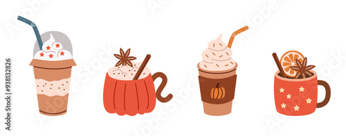 Flat style illustration of autumn drinks: milkshake, pumpkin spice latte, whipped cream coffee, and mulled cider. Perfect for seasonal projects, caf designs, and cozy beverage themes