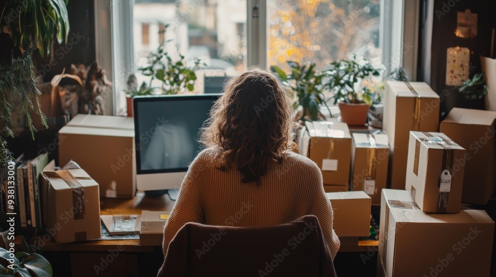A woman sits at a desk with a computer and boxes around her A woman sits at a desk with a computer and boxes around her