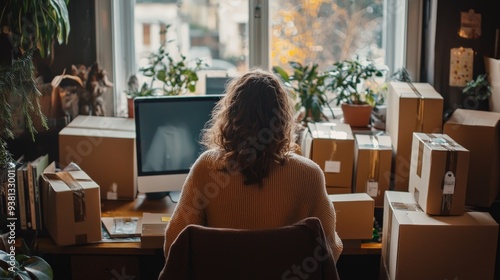 A woman sits at a desk with a computer and boxes around her