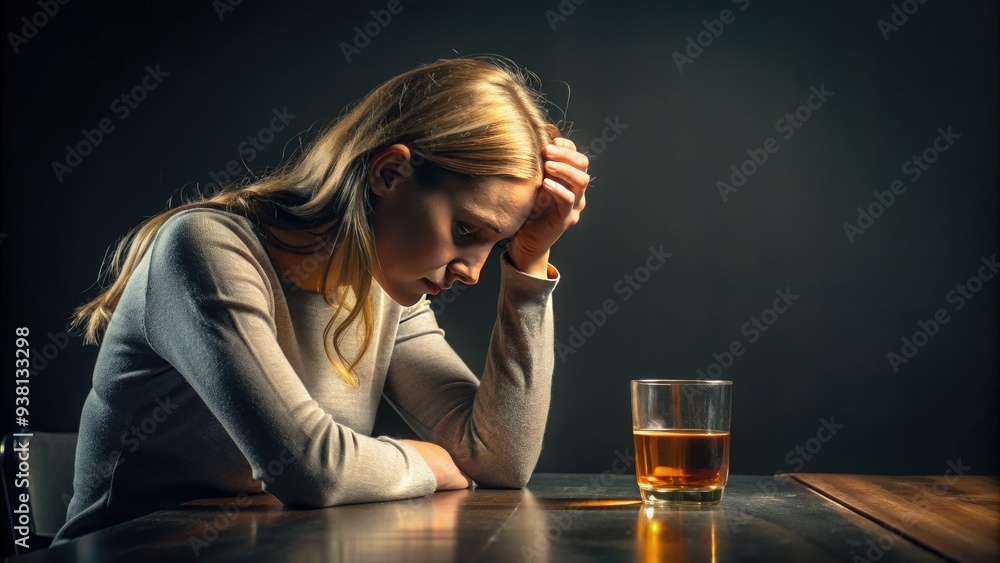 A Solitary Woman Sits Alone At A Dimly Lit Table, Head In Hands, As She Sips From A Glass Of Amber Liquid, Her Expression Etched With Despair. A Solitary Woman Sits Alone At A Dimly Lit Table, Head In Hands, As She Sips From A Glass Of Amber Liquid, Her Expression Etched With Despair.