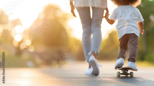 mother behind her son, who sits on a skateboard 