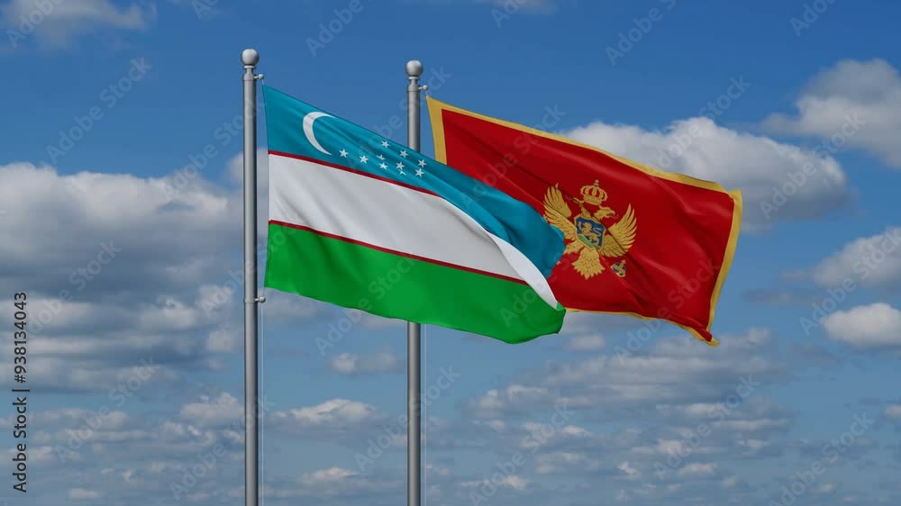 Montenegro and Uzbekistan flags flying together, video concept of the relationship, two country cooperation concept Montenegro and Uzbekistan flags flying together, video concept of the relationship, two country cooperation concept