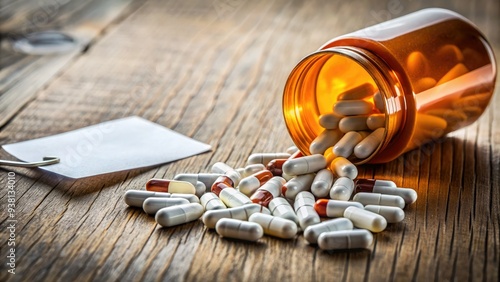 A spilled assortment of expensive prescription pills and bottles with price tags on a table, highlighting the high cost of healthcare and medication. photo