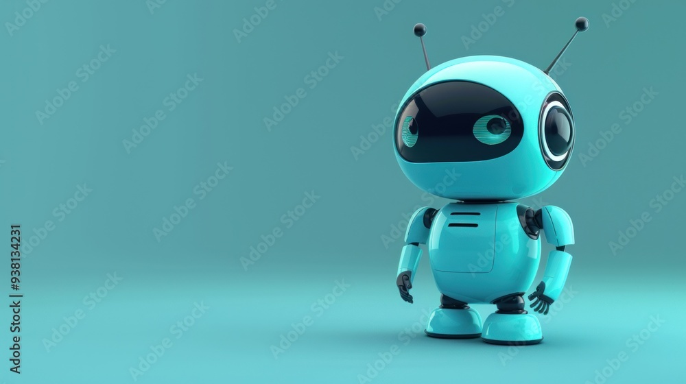 Cute blue robot standing against a vibrant blue background. Concept of artificial intelligence, technology, future, and innovation. Cute blue robot standing against a vibrant blue background. Concept of artificial intelligence, technology, future, and innovation.
