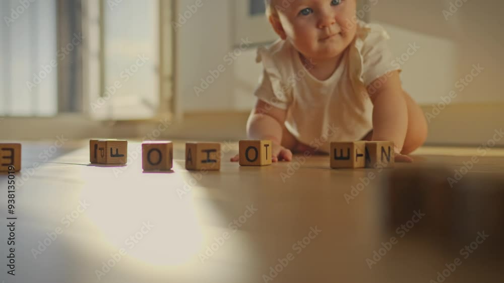 On a sunny bright day, a baby crawls on the kitchen floor, playing with toys. He learns about the world around him, taking his first independent steps. Illustration of the concept of child development On a sunny bright day, a baby crawls on the kitchen floor, playing with toys. He learns about the world around him, taking his first independent steps. Illustration of the concept of child development