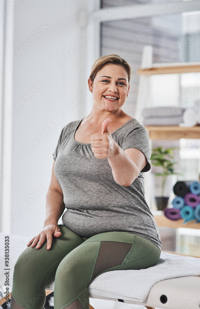 Smile, physiotherapy and portrait of woman with thumbs up for support, approval and good review. Happy, patient and gesture with yes on bed for rehabilitation, feedback and success in session Smile, physiotherapy and portrait of woman with thumbs up for support, approval and good review. Happy, patient and gesture with yes on bed for rehabilitation, feedback and success in session