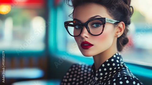 Stylish woman in retro glasses and polka dot blouse sitting in a vintage diner. Classic fashion, bold red lipstick, modern vintage aesthetic. photo