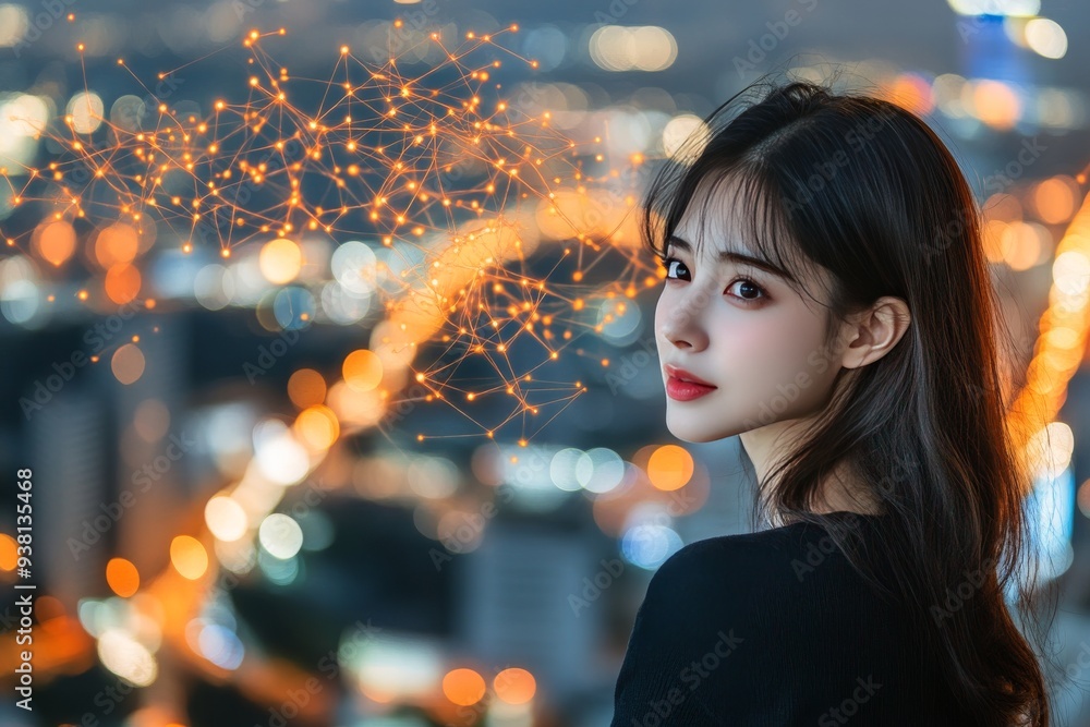 Woman with a Glowing Neural Network Representing Cognitive Power Thoughtful Reflection and the Energy of a Vibrant Mind in an Urban Setting Woman with a Glowing Neural Network Representing Cognitive Power Thoughtful Reflection and the Energy of a Vibrant Mind in an Urban Setting