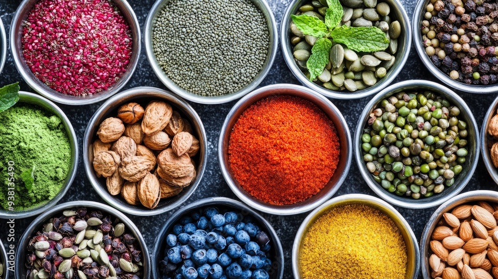 Assortment of Spices, Seeds, and Nuts in Bowls Assortment of Spices, Seeds, and Nuts in Bowls