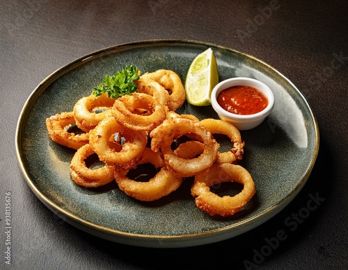 Appetizing Grilled Calamari Rings with Spicy Sauce and Lime on Elegant Seafood Platter