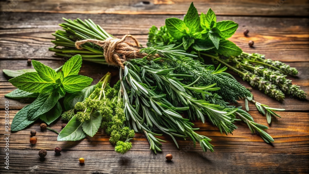 Assorted fresh herbs, including rosemary, thyme, and mint, arranged on a rustic wooden surface, evoking a sense of natural wellness and calming aromatherapy. Assorted fresh herbs, including rosemary, thyme, and mint, arranged on a rustic wooden surface, evoking a sense of natural wellness and calming aromatherapy.