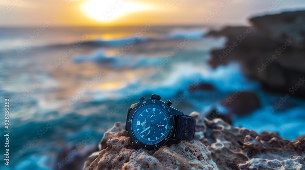 Digital watch with a serene ocean background. Digital watch with a serene ocean background.