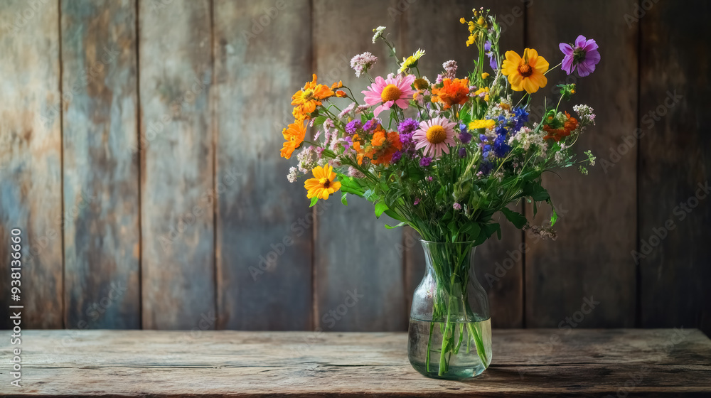 rustic wildflower bouquet in a clear vase on a vintage wooden table rustic wildflower bouquet in a clear vase on a vintage wooden table