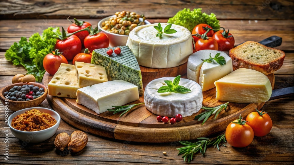 Assortment of artisanal vegan cheese alternatives, including soft brie, firm cheddar, and creamy feta, arranged on a rustic wooden board with fresh garnishes. Assortment of artisanal vegan cheese alternatives, including soft brie, firm cheddar, and creamy feta, arranged on a rustic wooden board with fresh garnishes.