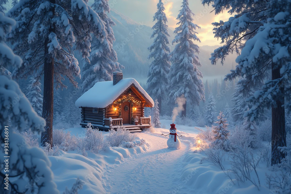 Naklejka premium A snowy winter wonderland with a wooden chalet and a snowman - AI generated