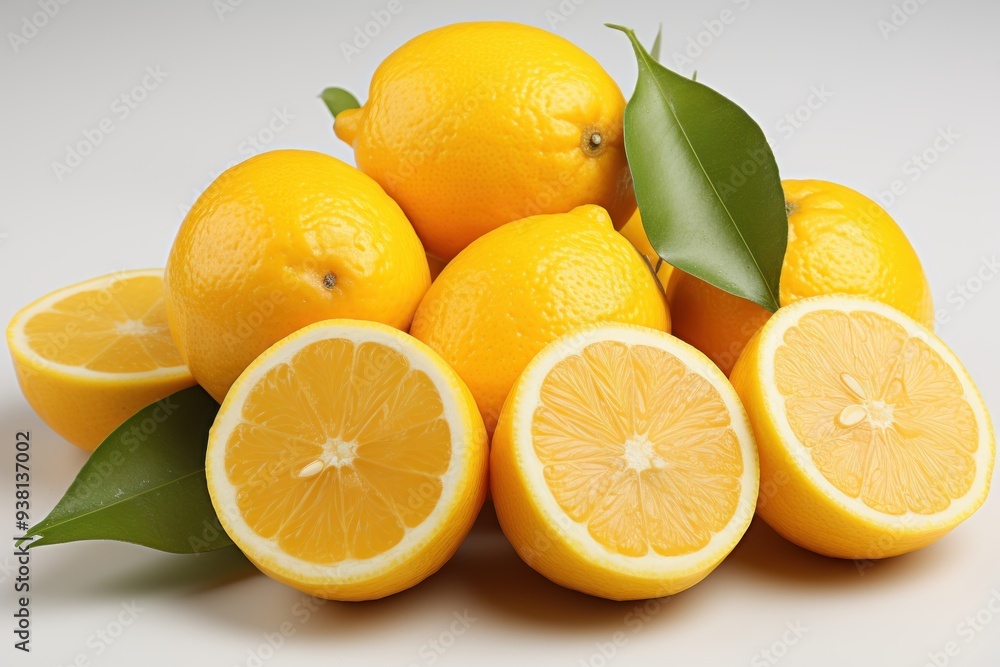 Fresh whole and halved lemons with green leaves Fresh whole and halved lemons with green leaves