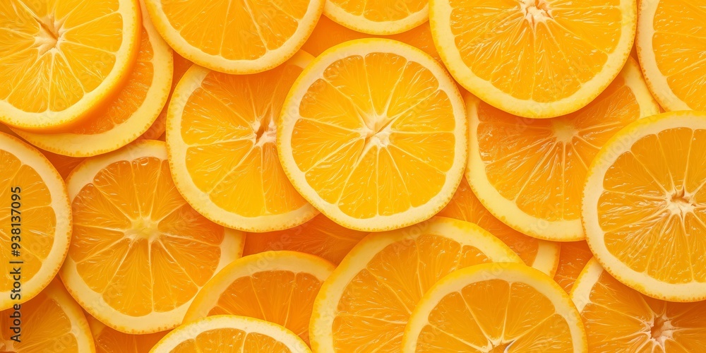 Close-up of fresh orange slices arranged in a pattern. Close-up of fresh orange slices arranged in a pattern.