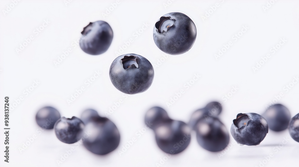 Fresh blueberries falling and scattered on white background. Fresh blueberries falling and scattered on white background.